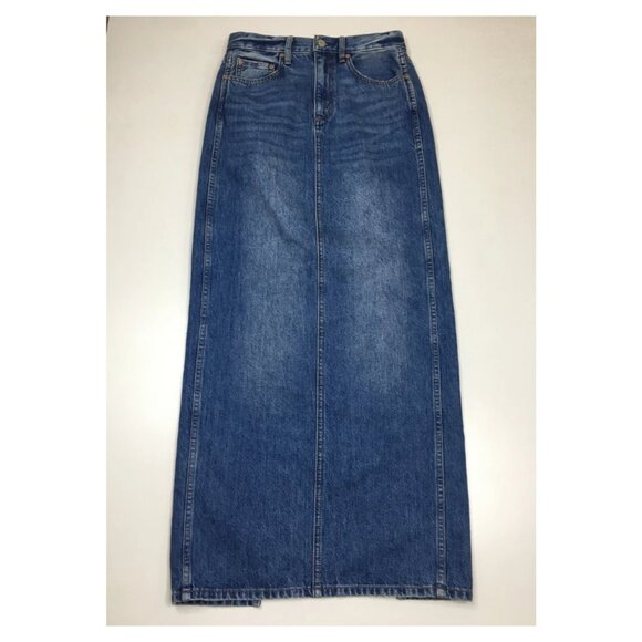 DENIM FORUM Medium Wash Distressed Slit Hem The 90's Pencil Maxi Jean Skirt - Picture 1 of 14